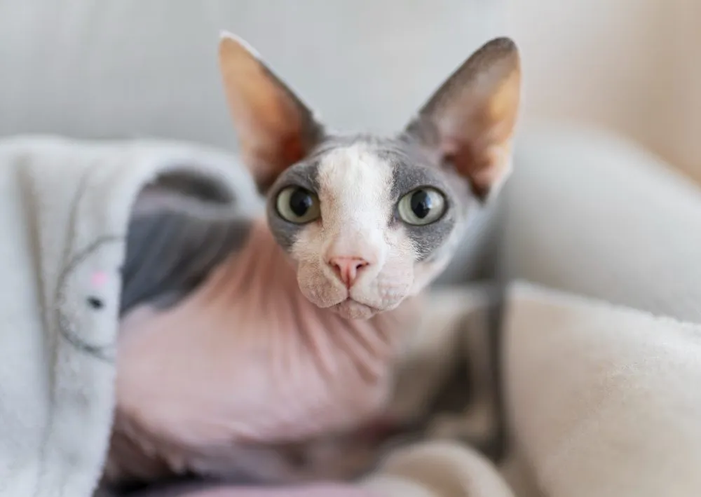 A hairless sphynx cat wrapped in a blanket